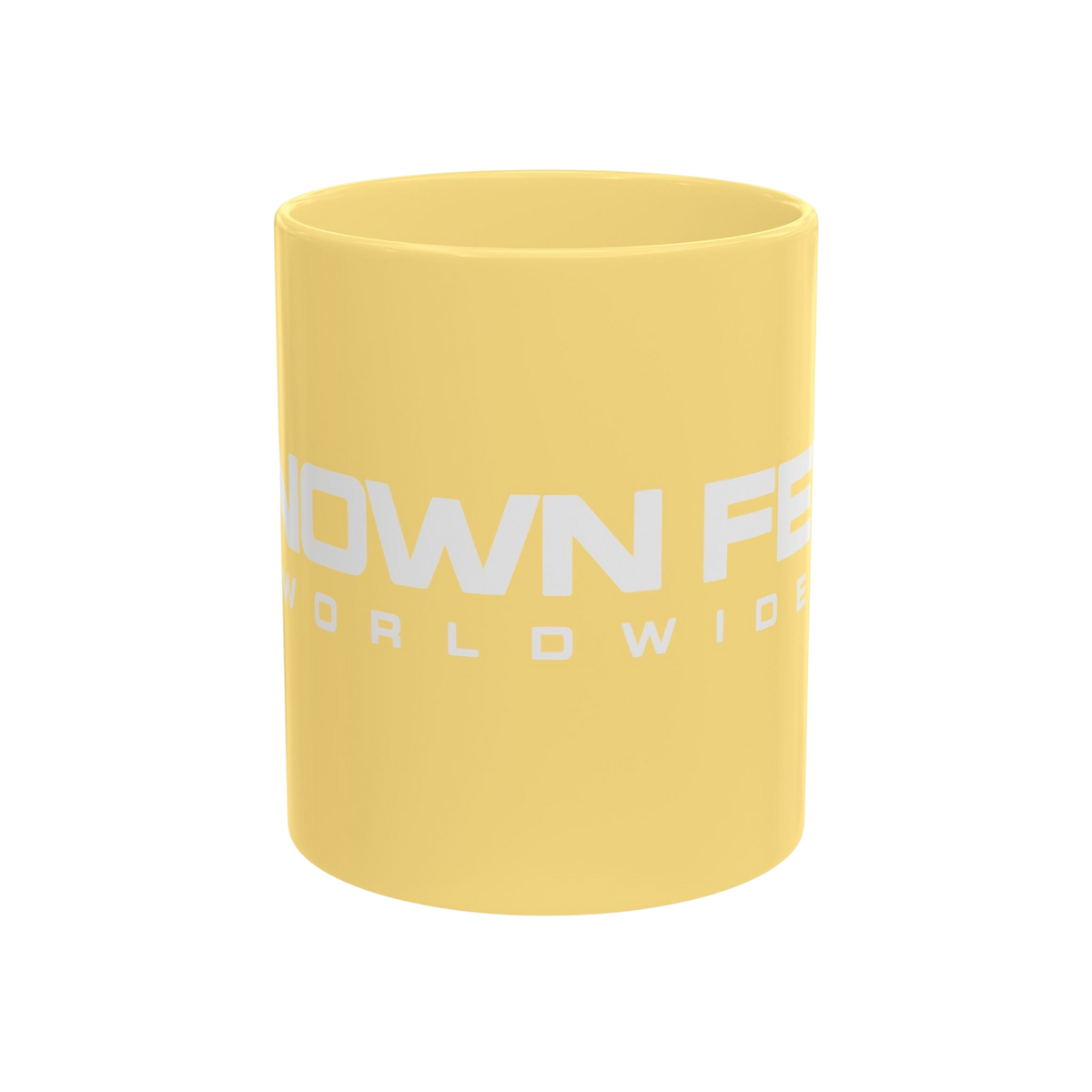 Known Few Worldwide yellow ceramic mug with white brand logo, 11 oz capacity with classic silhouette.