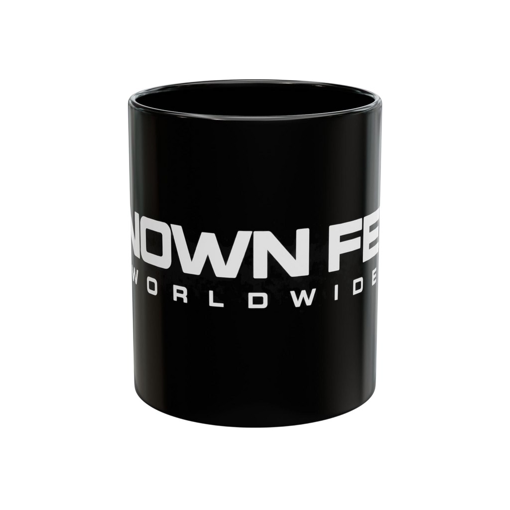 Known Few Worldwide black ceramic 11 oz mug with white branded logo and classic C-handle design