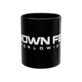 Known Few Worldwide black ceramic 11 oz mug with white branded logo and classic C-handle design