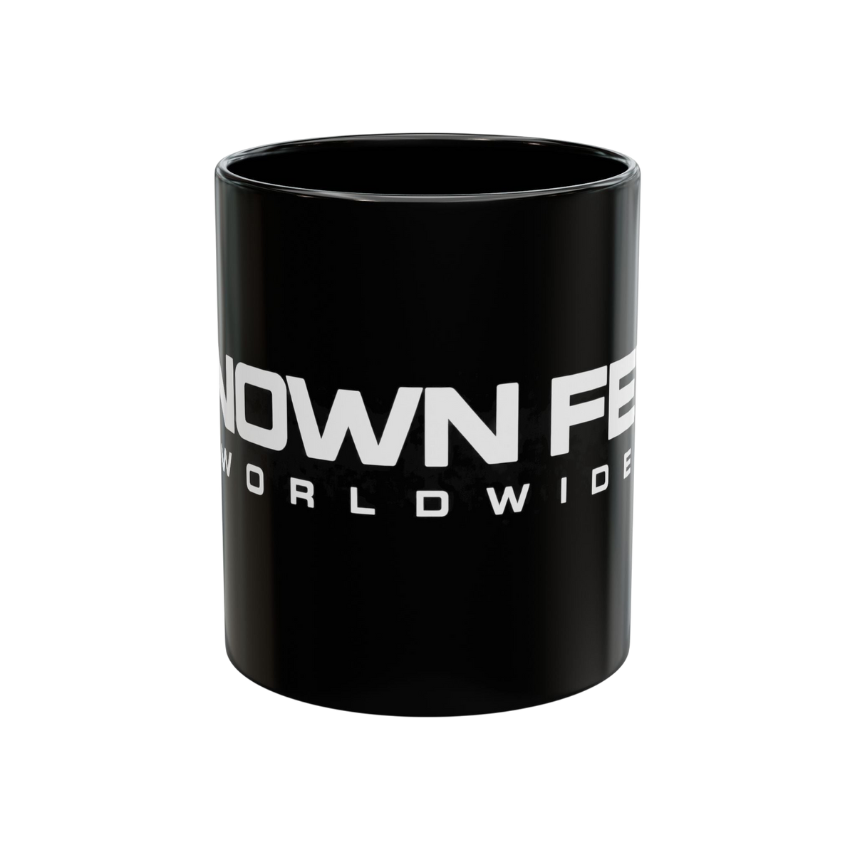 Known Few Worldwide black ceramic 11 oz mug with white branded logo and classic C-handle design