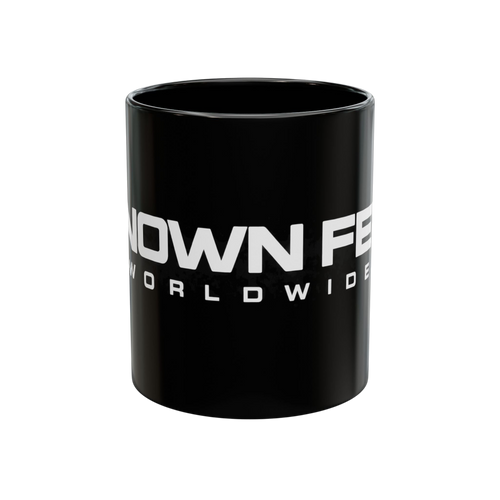 Known Few Worldwide black ceramic 11 oz mug with white branded logo and classic C-handle design