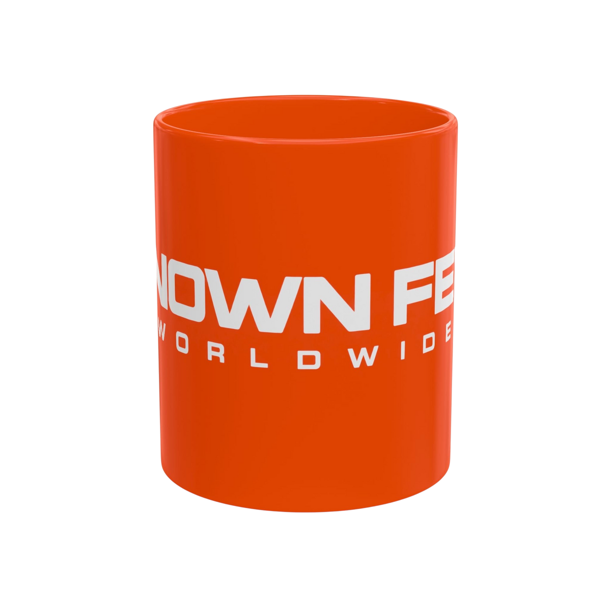 Known Few Worldwide 11 oz orange ceramic mug with white brand logo and classic C-handle design