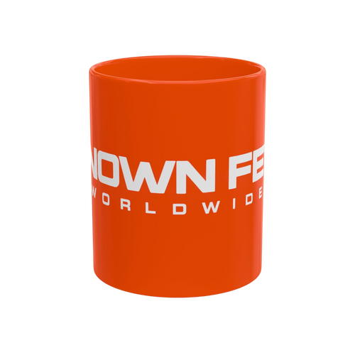 Known Few Worldwide 11 oz orange ceramic mug with white brand logo and classic C-handle design
