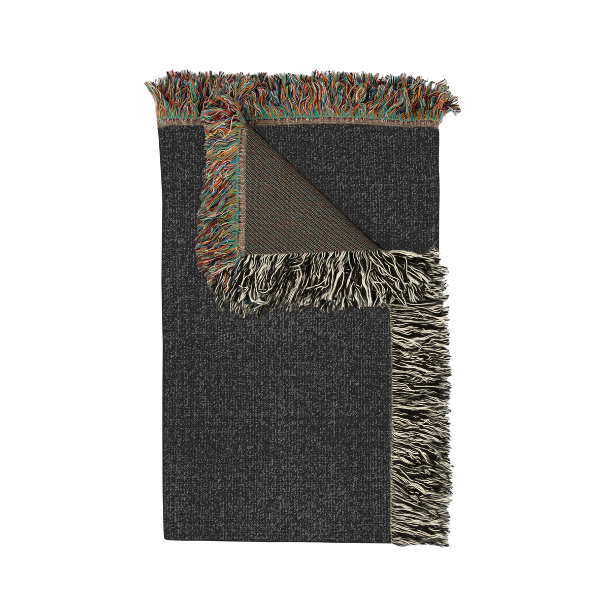 Known Few Worldwide heavyweight black cotton blanket with textured finish and colorful fringed edges.