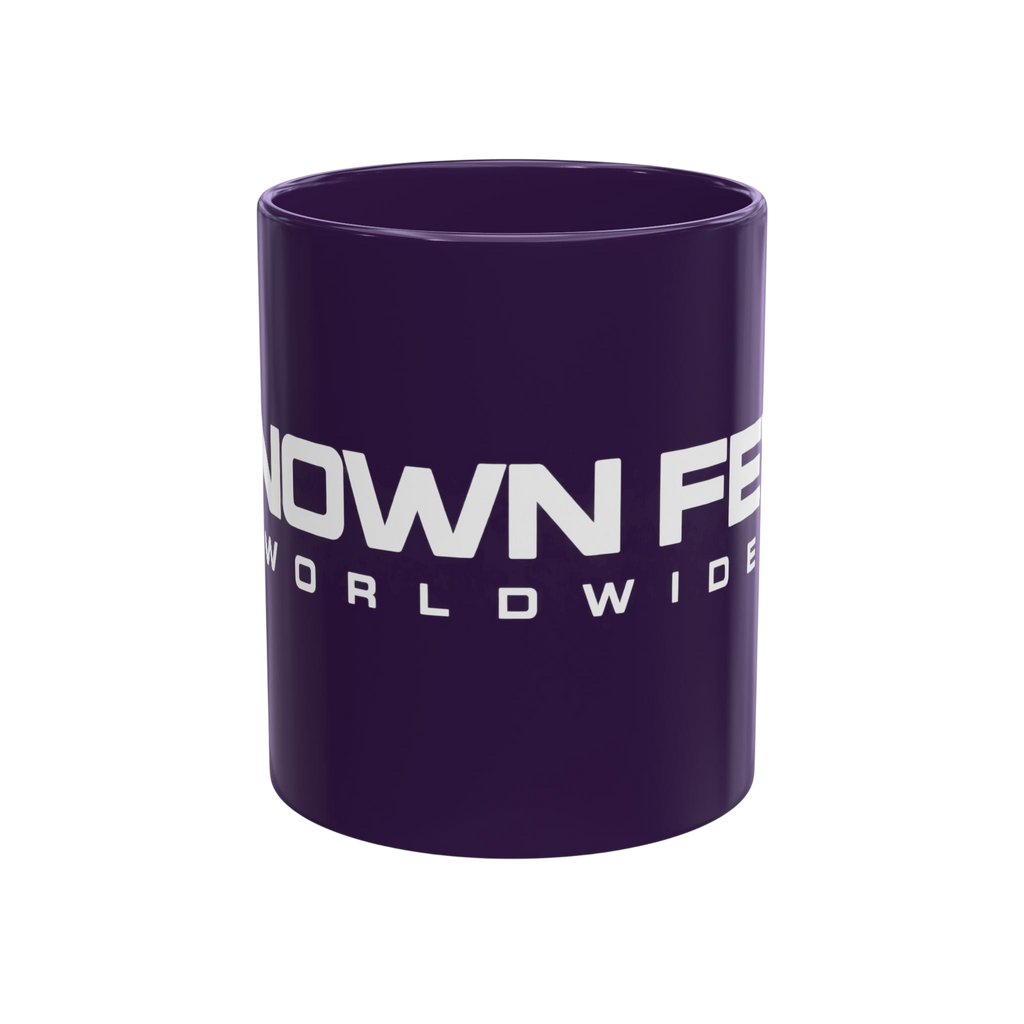 Known Few Worldwide purple ceramic mug with white logo branding and a classic C-handle design.
