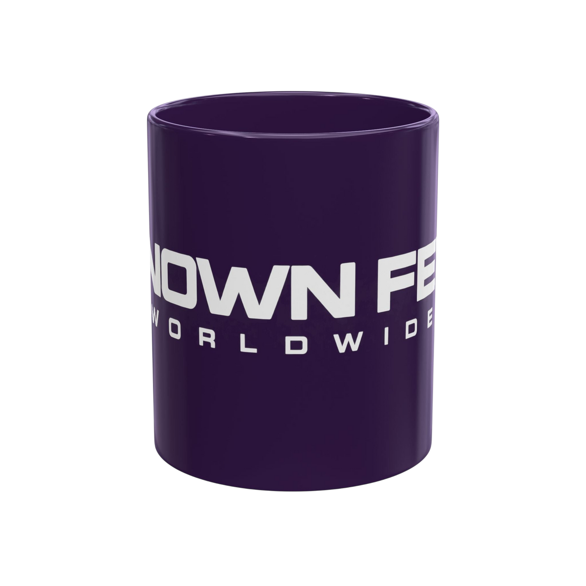 Known Few Worldwide purple ceramic mug with white logo branding and a classic C-handle design.