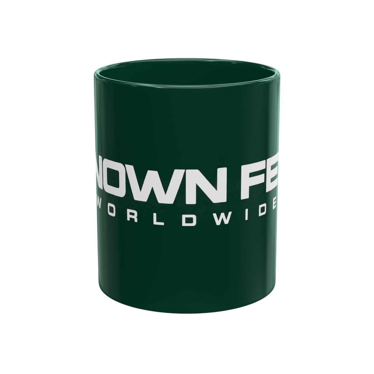 Known Few Worldwide 11 oz dark green ceramic mug with white branded logo and classic C-handle design.