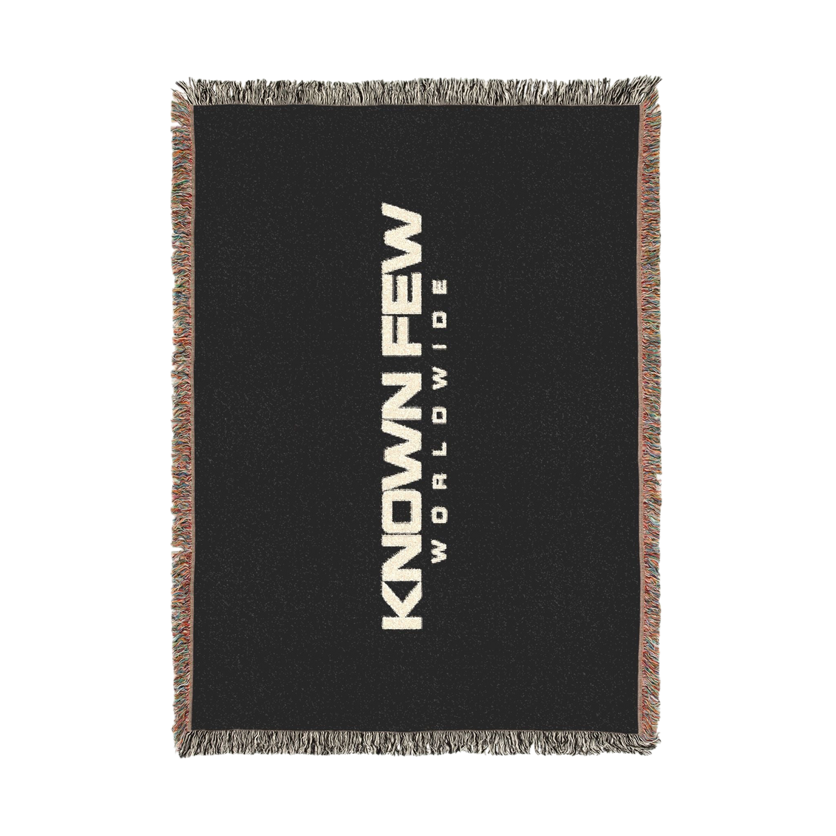 Known Few Worldwide black cotton woven blanket featuring bold white branding and colorful fringed edges.